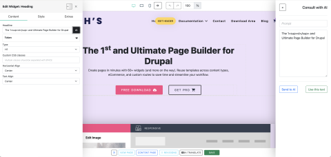 Screenshot showcasing the AI Text Generation interface option in Noah's Page Builder, a simple and intuitive free tool for easy page-building in Drupal.