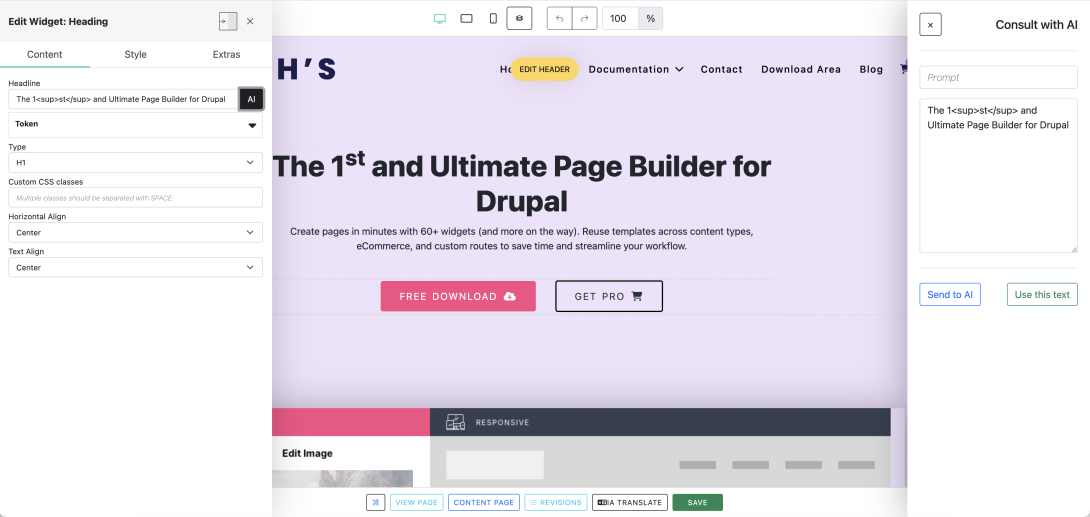 Screenshot showcasing the AI Text Generation interface option in Noah's Page Builder, a simple and intuitive free tool for easy page-building in Drupal.